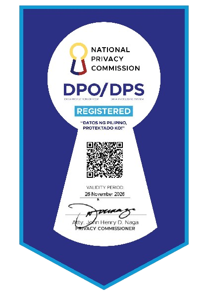 An official National Privacy Commission "DPO/DPS Registered" seal in blue and white, featuring a keyhole shape, a QR code, and a validity period through November 2026.