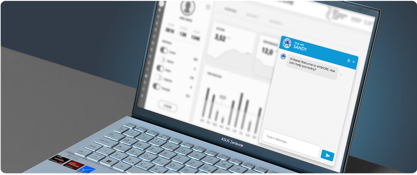 An ASUS Zenbook laptop displaying a business dashboard with a blue "Chat with SANDY" customer support pop-up window in the foreground.