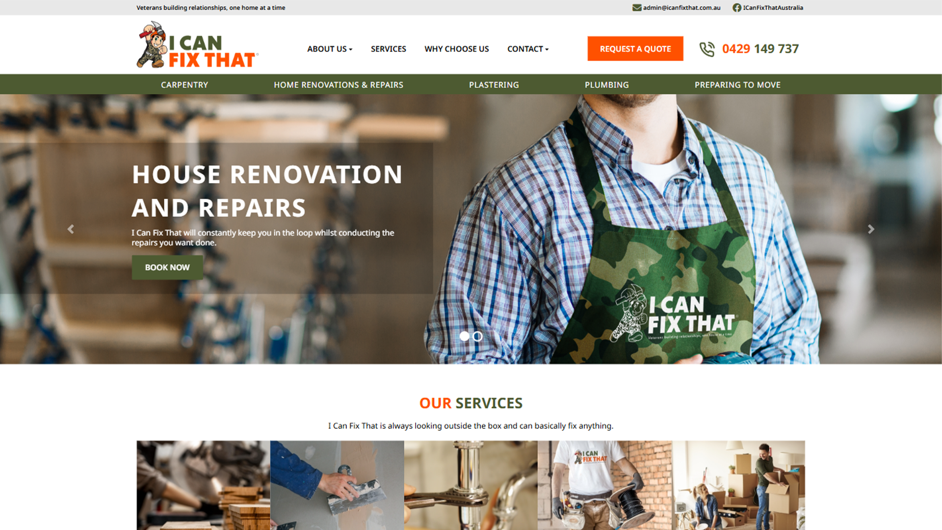 A website homepage for "I Can Fix That" featuring a man in a camouflage apron, offering house renovation and repair services such as carpentry, plastering, and plumbing.