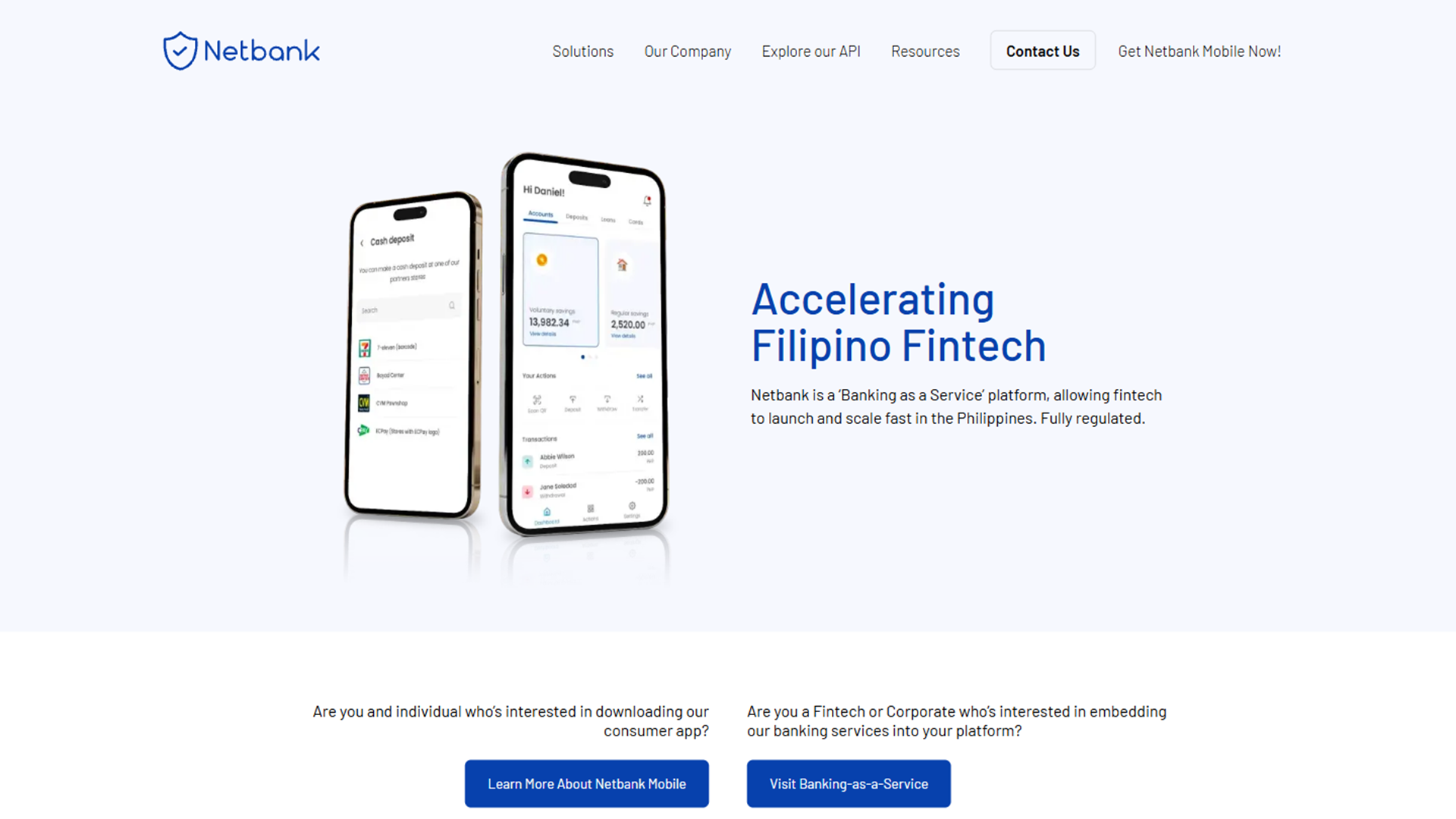 A website homepage for "Netbank" titled "Accelerating Filipino Fintech," showing two smartphones displaying a mobile banking app interface.