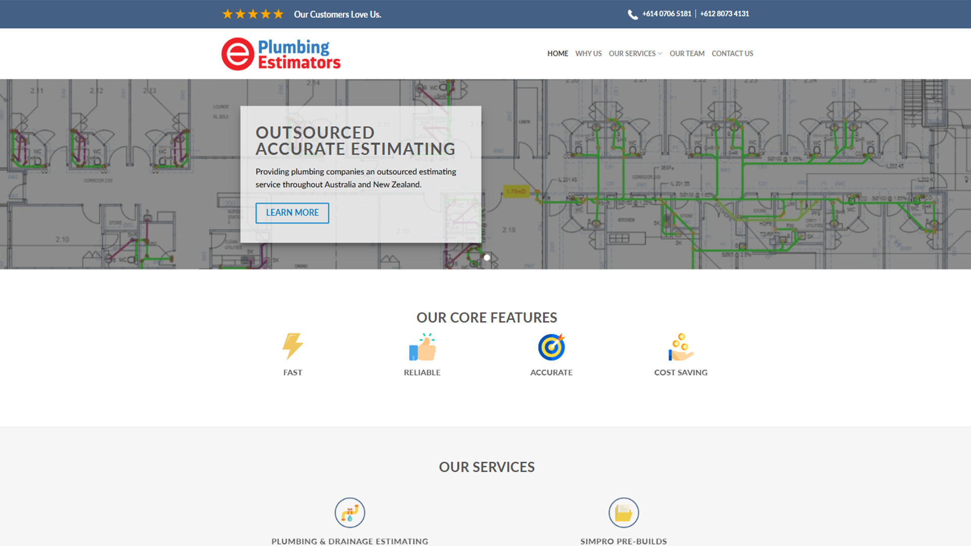 Homepage of ePlumbing Estimators website featuring outsourced accurate estimating services for plumbing companies in Australia and New Zealand.