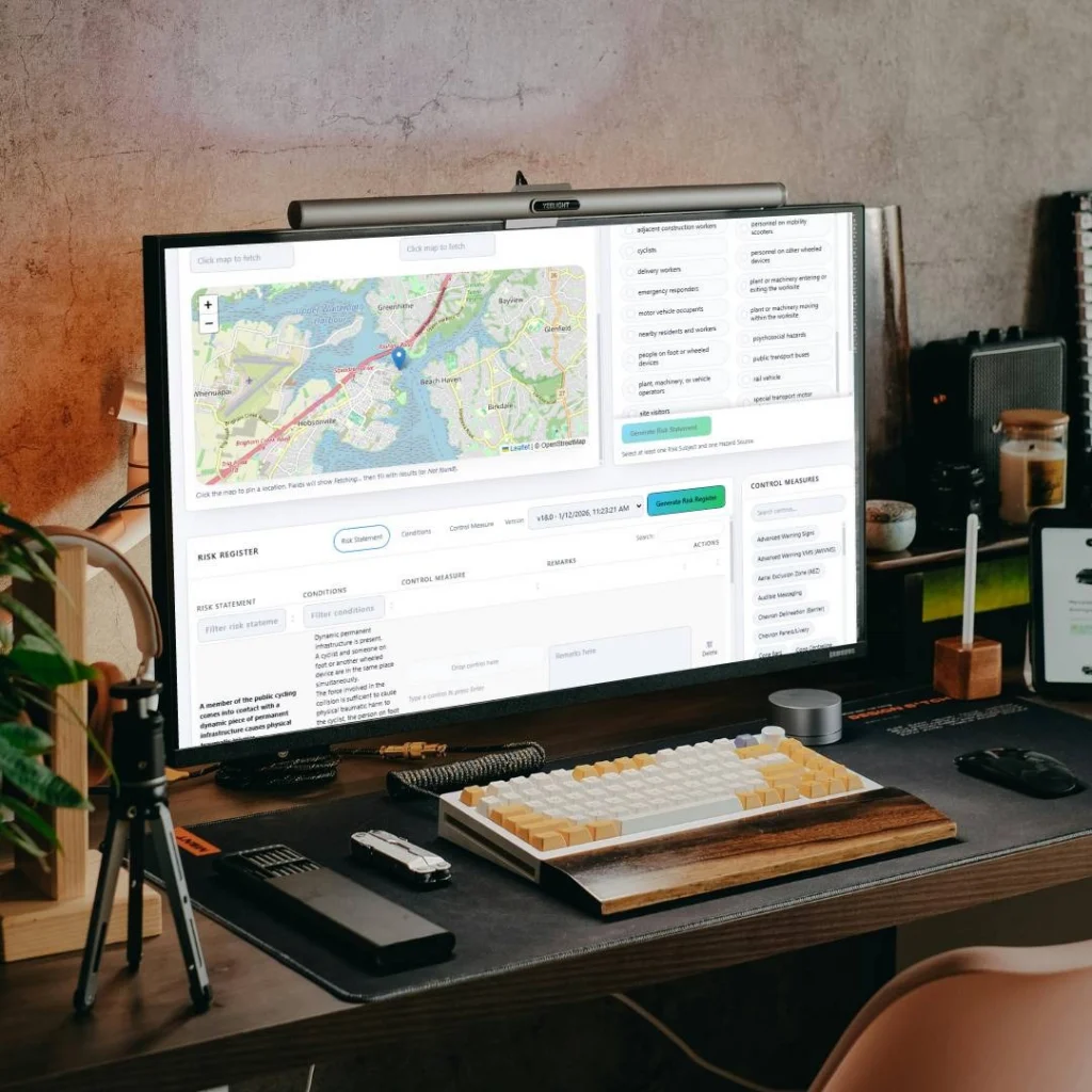 A modern desk setup featuring a large monitor displaying a risk register interface and map, a mechanical keyboard with a wooden wrist rest, and various productivity accessories.
